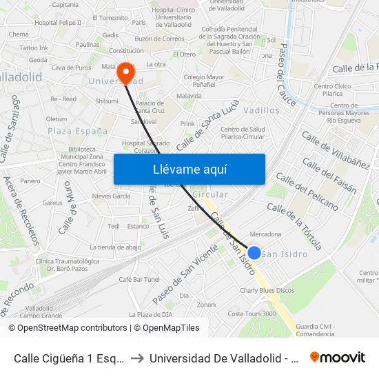 Calle Cigüeña 1 Esquina San Isidro to Universidad De Valladolid - Facultad De Derecho map
