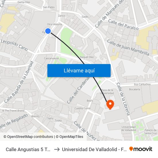 Calle Angustias 5 Teatro Calderón to Universidad De Valladolid - Facultad De Derecho map