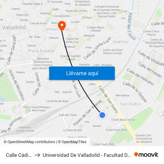 Calle Cádiz 15 to Universidad De Valladolid - Facultad De Derecho map