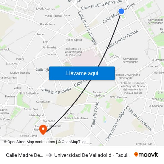 Calle Madre De Dios 15 to Universidad De Valladolid - Facultad De Derecho map