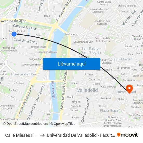 Calle Mieses Frente 16 to Universidad De Valladolid - Facultad De Derecho map