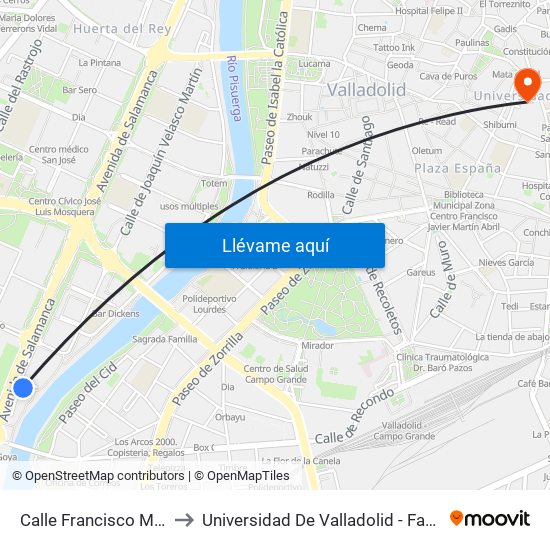 Calle Francisco Mendizábal 5 to Universidad De Valladolid - Facultad De Derecho map