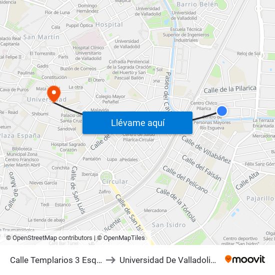 Calle Templarios 3 Esquina Puente La Reina to Universidad De Valladolid - Facultad De Derecho map