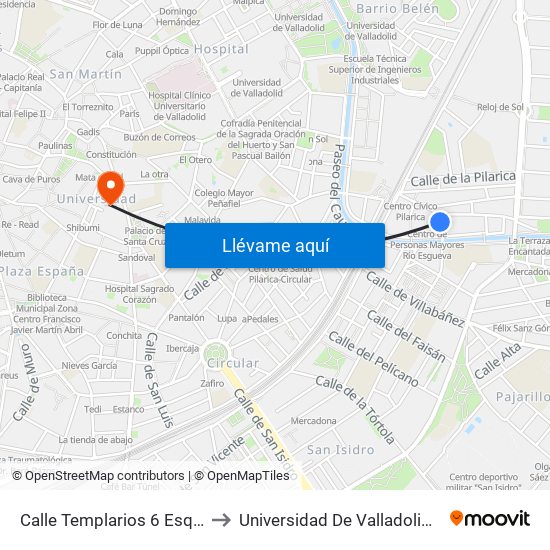 Calle Templarios 6 Esquina Puente La Reina to Universidad De Valladolid - Facultad De Derecho map