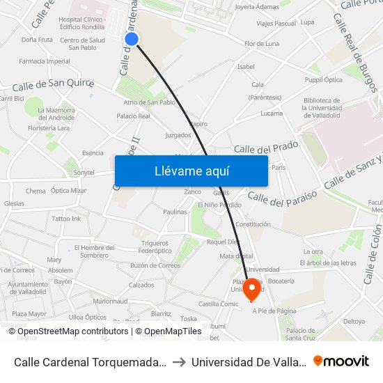 Calle Cardenal Torquemada Frente Antiguo Hospital Ríohortega to Universidad De Valladolid - Facultad De Derecho map