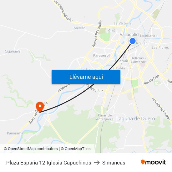 Plaza España 12 Iglesia Capuchinos to Simancas map