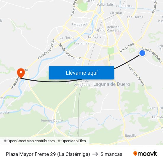 Plaza Mayor Frente 29 (La Cistérniga) to Simancas map