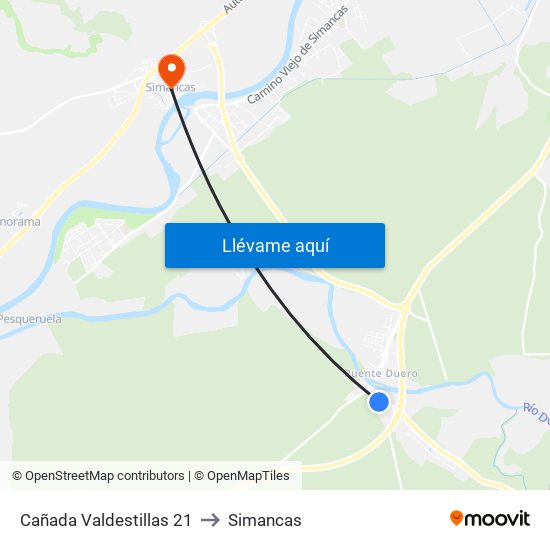 Cañada Valdestillas 21 to Simancas map