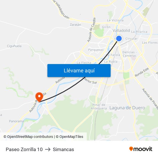 Paseo Zorrilla 10 to Simancas map