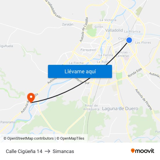 Calle Cigüeña 14 to Simancas map