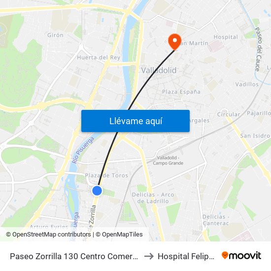 Paseo Zorrilla 130 Centro Comercial to Hospital Felipe II map