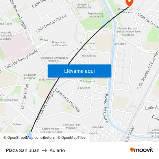 Plaza San Juan to Aulario map