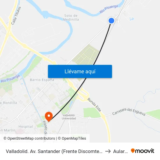 Valladolid. Av. Santander (Frente Discomtes) to Aulario map
