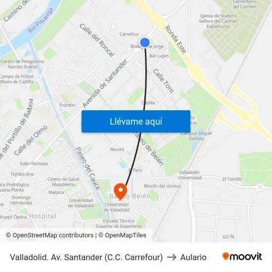Valladolid. Av. Santander (C.C. Carrefour) to Aulario map