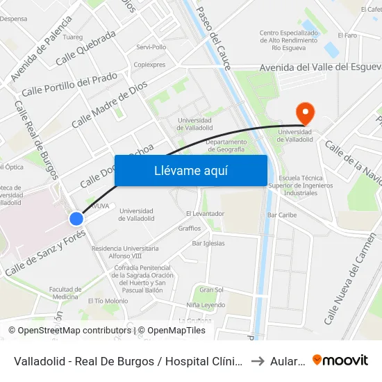 Valladolid - Real De Burgos / Hospital Clínico to Aulario map