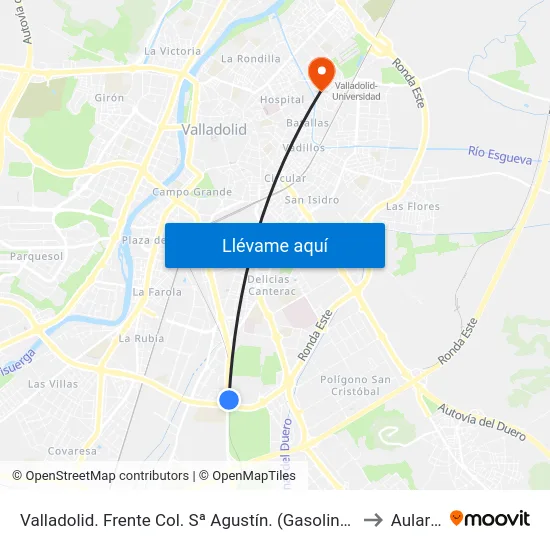 Valladolid. Frente Colegio San Agustín (Gasolinera) to Aulario map