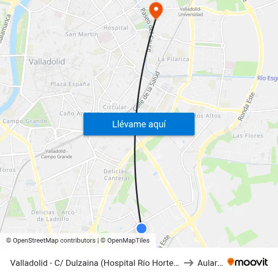 Valladolid - C/ Dulzaina (Hospital Río Hortega) to Aulario map
