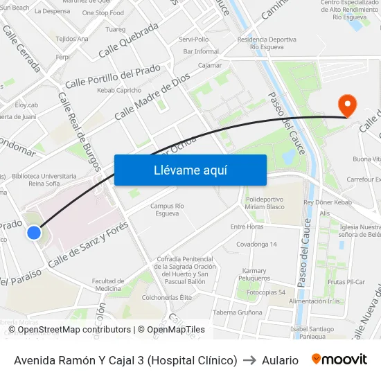 Avenida Ramón Y Cajal 3 (Hospital Clínico) to Aulario map