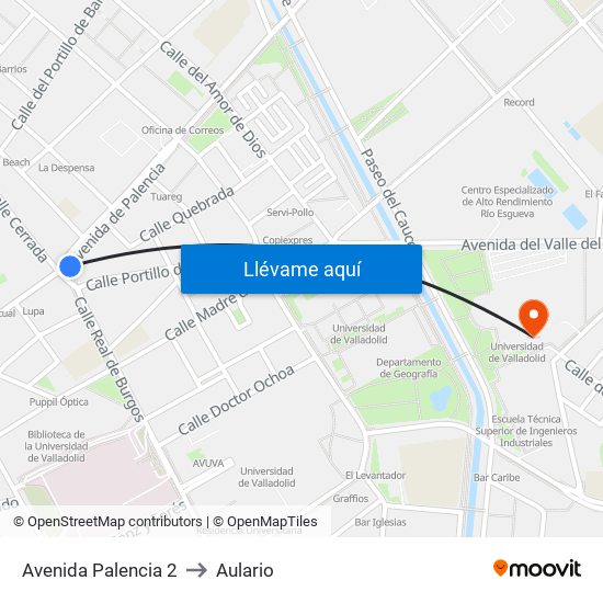 Avenida Palencia 2 to Aulario map