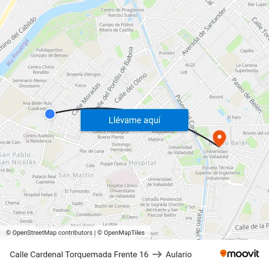Calle Cardenal Torquemada Frente 16 to Aulario map