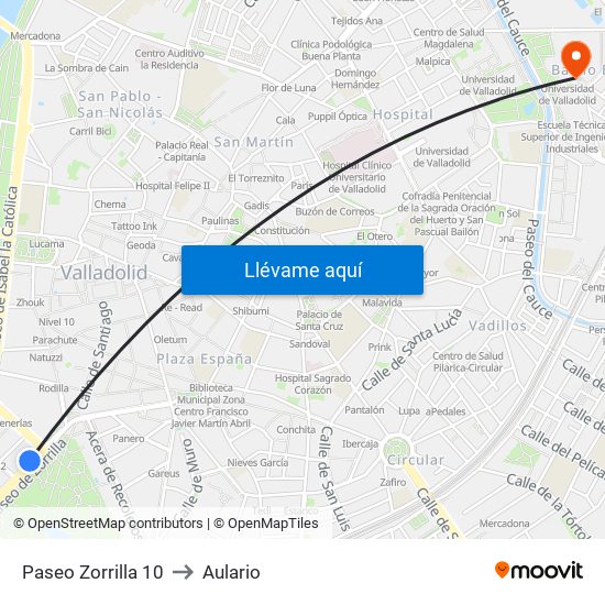 Paseo Zorrilla 10 to Aulario map