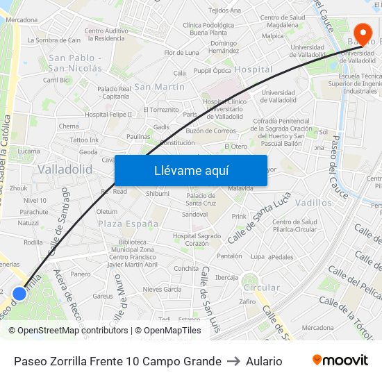 Paseo Zorrilla Frente 10 Campo Grande to Aulario map