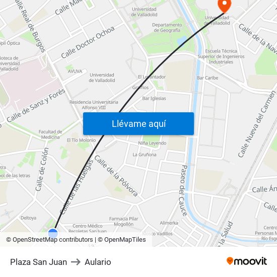 Plaza San Juan to Aulario map