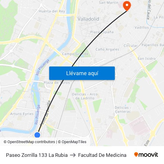 Paseo Zorrilla 133 La Rubia to Facultad De Medicina map