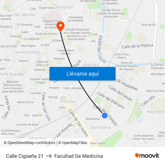 Calle Cigüeña 21 to Facultad De Medicina map