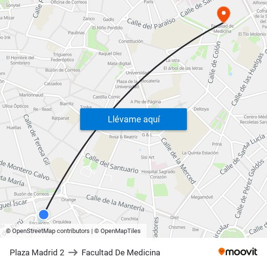 Plaza Madrid 2 to Facultad De Medicina map
