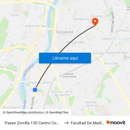 Paseo Zorrilla 130 Centro Comercial to Facultad De Medicina map