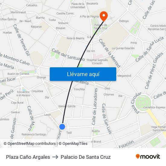 Plaza Caño Argales to Palacio De Santa Cruz map