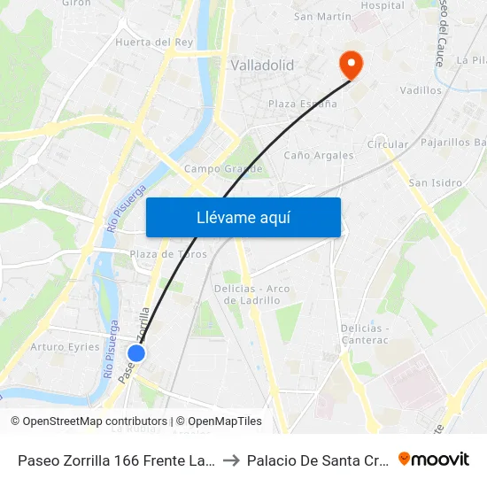 Paseo Zorrilla 166 Frente Lava to Palacio De Santa Cruz map