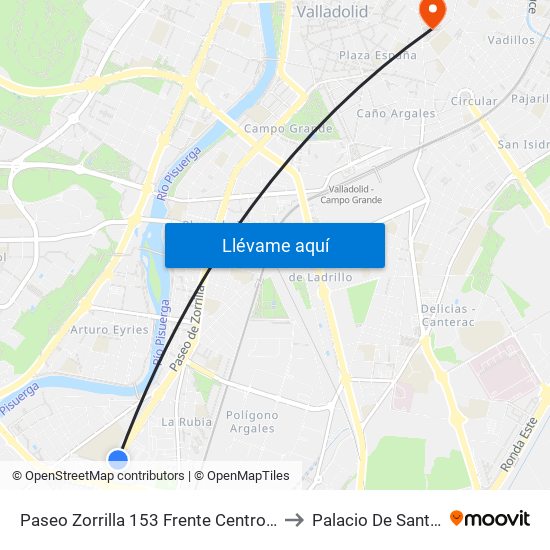Paseo Zorrilla 153 Frente  Centro Comercial to Palacio De Santa Cruz map