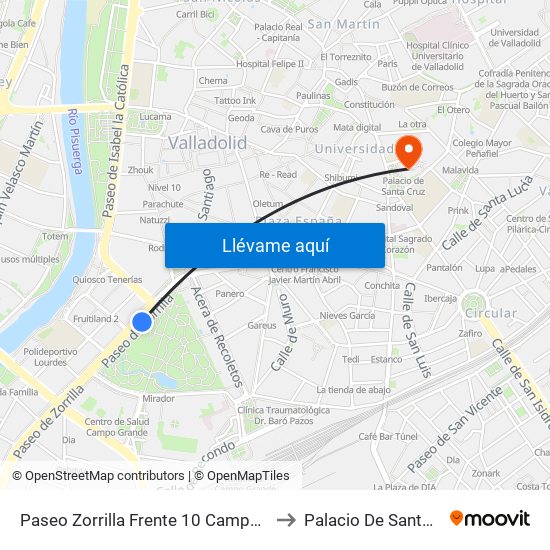 Paseo Zorrilla Frente 10 Campo Grande to Palacio De Santa Cruz map