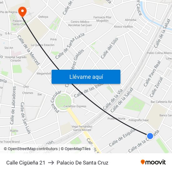 Calle Cigüeña 21 to Palacio De Santa Cruz map
