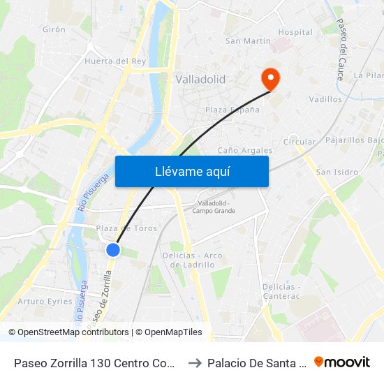Paseo Zorrilla 130 Centro Comercial to Palacio De Santa Cruz map