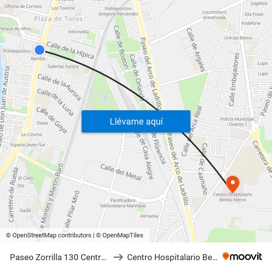 Paseo Zorrilla 130 Centro Comercial to Centro Hospitalario Benito Menni map