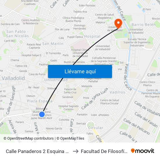 Calle Panaderos 2 Esquina Plaza España to Facultad De Filosofía Y Letras map