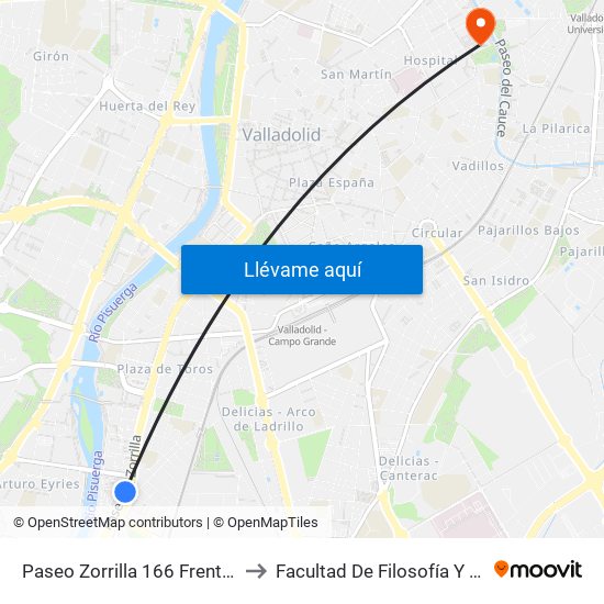 Paseo Zorrilla 166 Frente Lava to Facultad De Filosofía Y Letras map