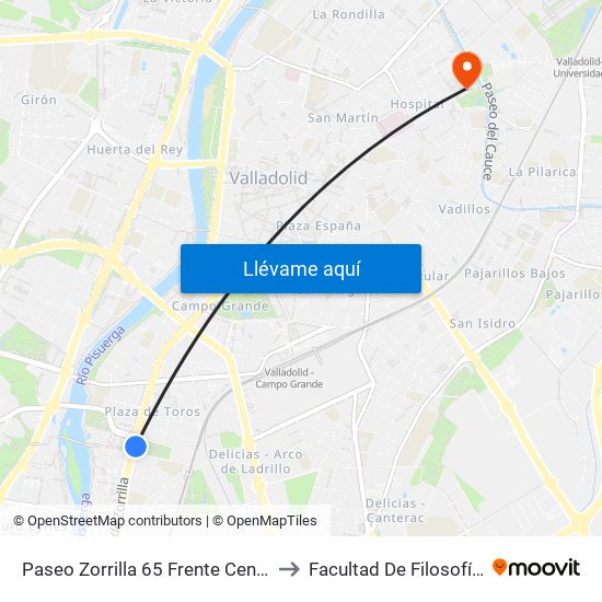 Paseo Zorrilla 65 Frente Centro Comercial to Facultad De Filosofía Y Letras map