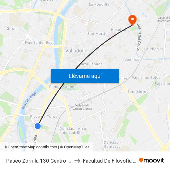 Paseo Zorrilla 130 Centro Comercial to Facultad De Filosofía Y Letras map