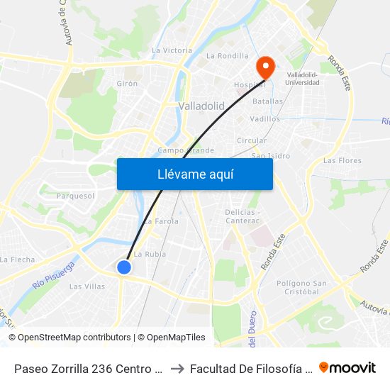 Paseo Zorrilla 236 Centro Comercial to Facultad De Filosofía Y Letras map