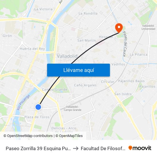 Paseo Zorrilla 39 Esquina Puente Colgante to Facultad De Filosofía Y Letras map