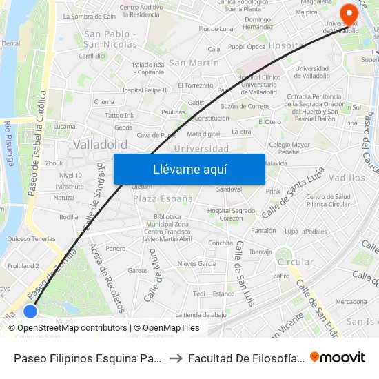 Paseo Filipinos Esquina Paseo Zorrilla to Facultad De Filosofía Y Letras map