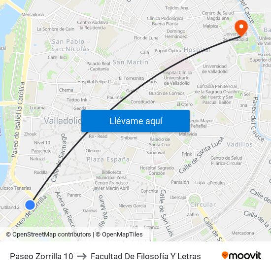 Paseo Zorrilla 10 to Facultad De Filosofía Y Letras map