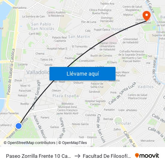 Paseo Zorrilla Frente 10 Campo Grande to Facultad De Filosofía Y Letras map