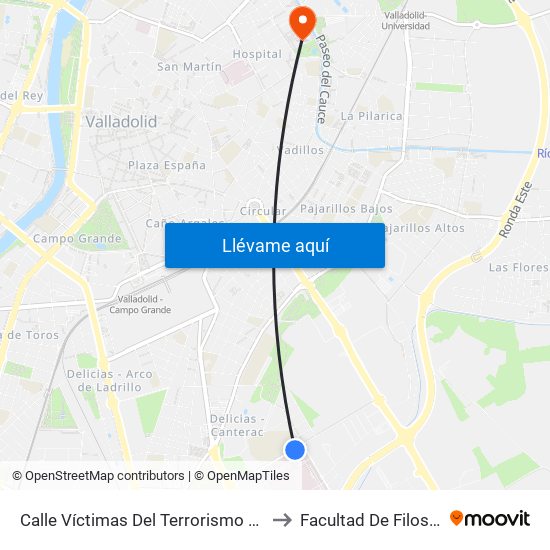 Calle Víctimas Del Terrorismo Hospital Río Hortega to Facultad De Filosofía Y Letras map