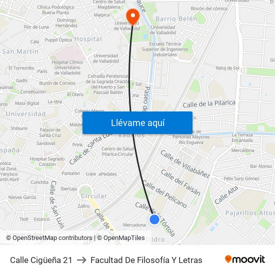 Calle Cigüeña 21 to Facultad De Filosofía Y Letras map