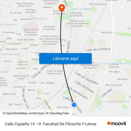 Calle Cigüeña 14 to Facultad De Filosofía Y Letras map